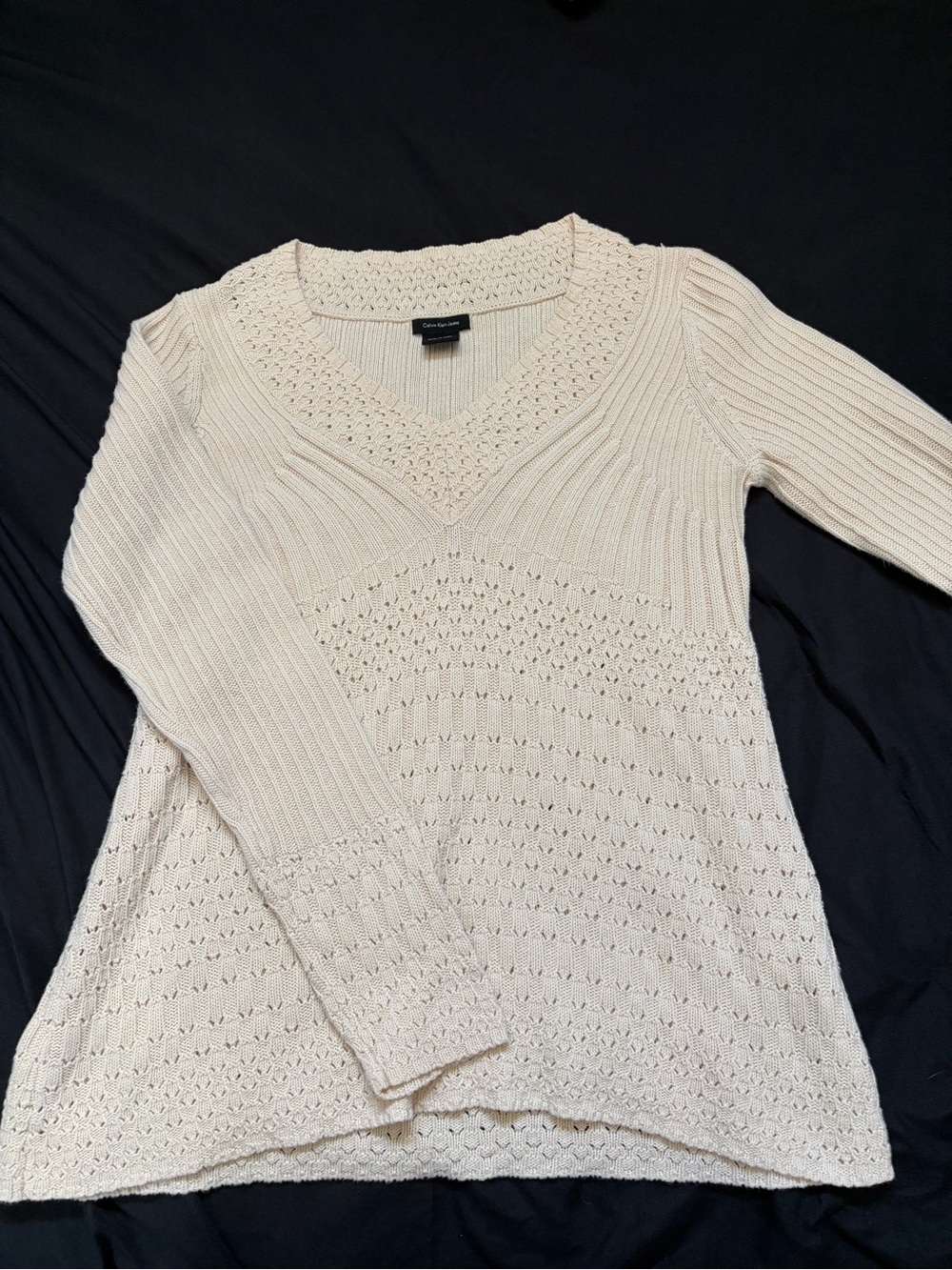 Cream V-Neck Pointelle Knit Design Long Sleeve Shirt Calvin Klein Jeans